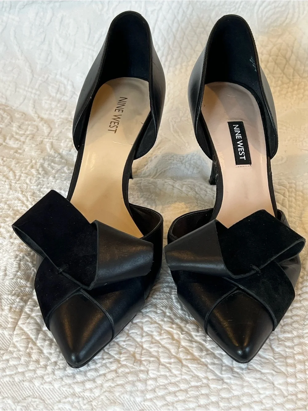💙 Nine West Black Leather McFally d’Orsay Pumps Suede Bow Pointed Toe Size 10